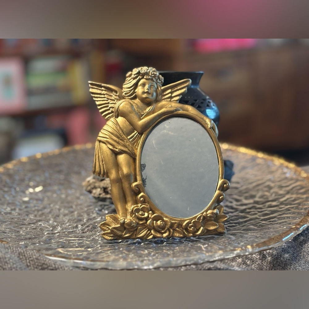 Vintage Gold Cherub Mirror w/ Roses • Romantic Angel Vanity Décor • Collectible - Picture 9 of 14